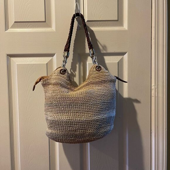 The SAK Crochet Sand,gray &khaki bucket style shoulder bag braided brown straps - Picture 5 of 14